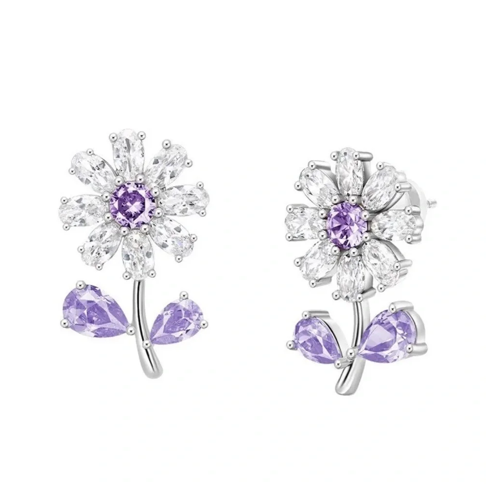 18K White Gold Purple Gemstone Flower Stud Earrings With Natural Zircon Bohemian